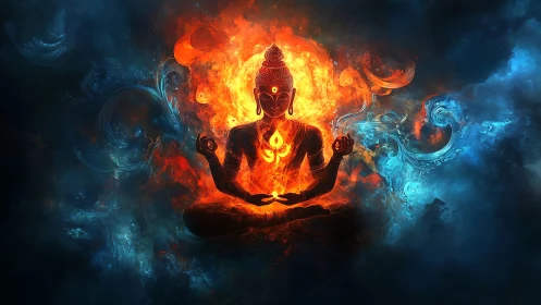 Fiery meditative Buddha radiates energy in cosmic void.