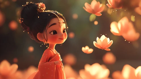 Stylized girl in traditional dress among floating flowers.