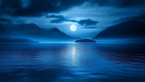 Nocturnal lakescape with full moon reflection and misty islet