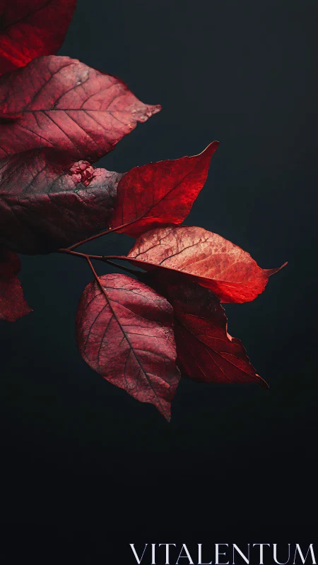 Crimson autumn leaves catch side light against deep shadow