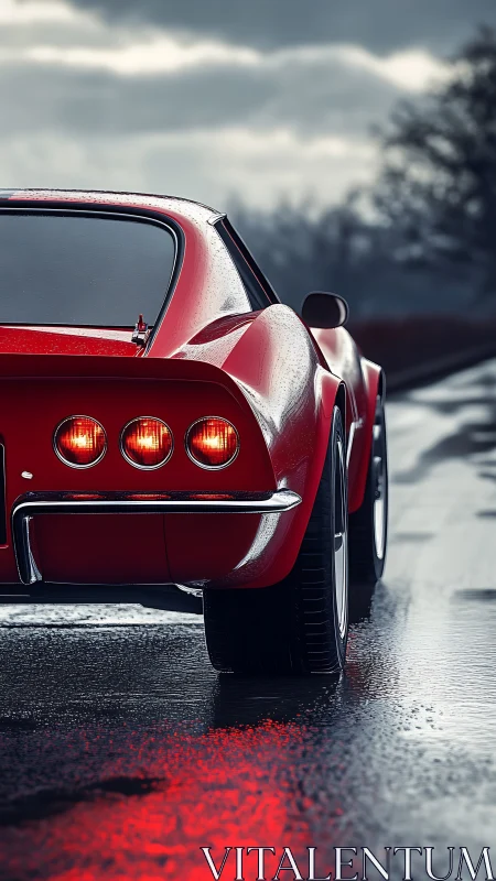 Classic red sports coupe glows on rain slicked highway.