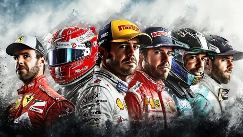 Multiple racing driver portraits in composite formation.