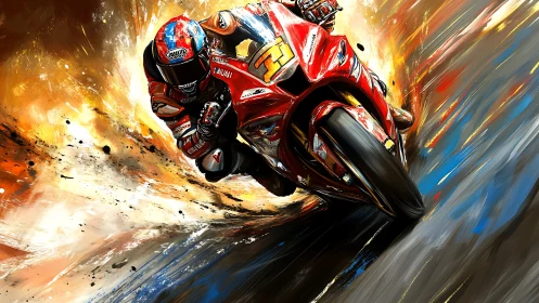 Red superbike slicing through a storm of molten color.