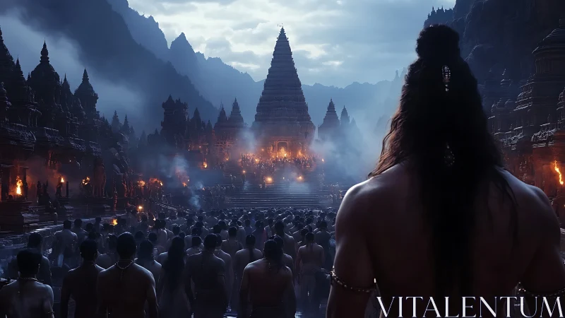 Mythic temple ceremony unfolds under misty mountain dusk