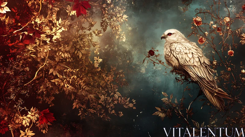 Elegant white bird on autumnal branch, fantasy art style.