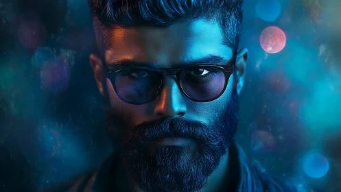 Neon-slick bearded stranger under electric midnight constellations.