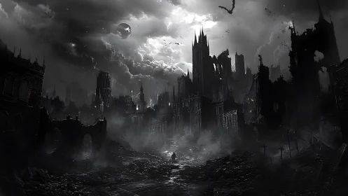 Ruined gothic city skyline stands under stormy moonlit clouds
