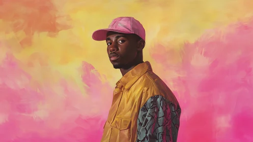 Portrait in pink and gold against dreamy gradient backdrop.