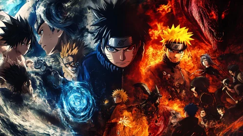 Dual elemental anime battle composition with central figures.