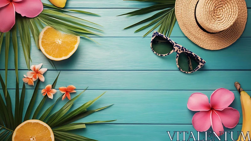 Summer beach flat lay arranges tropical props on teal boards