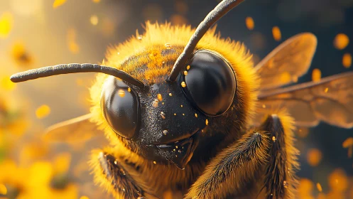 Macro close up of pollen covered bee in warm sunlight.