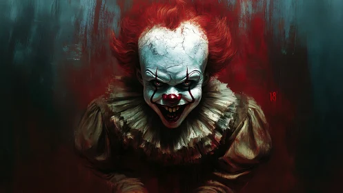 Distressed clown portrait with cracked mask and saturated red lighting
