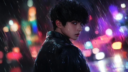 Young man in neon city rain with intense side glance.