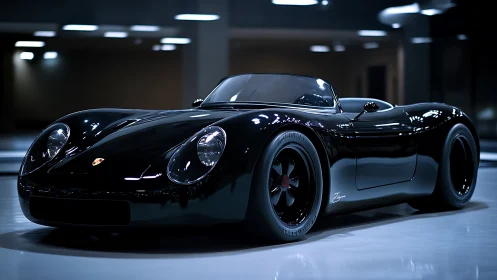 Black retro-inspired sports car gleams under cool studio lights