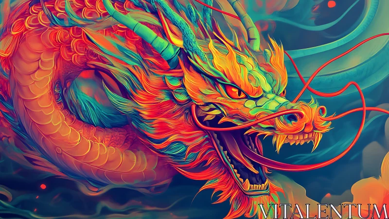 Vibrant neon dragon coils through stormy ethereal clouds.