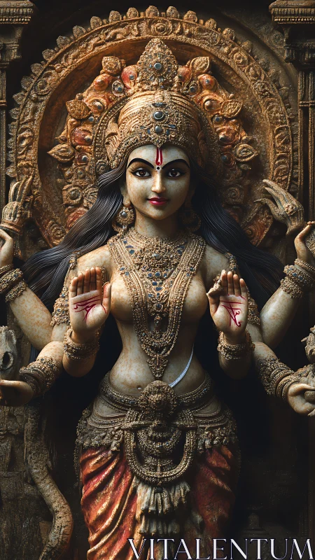 Ornate multi-armed goddess sculpture rendered in photoreal detail