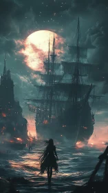 Silhouetted figure observes tall ship under full moonlight