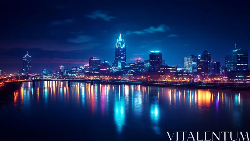 Cyberpunk skyline with neon river reflections at night.