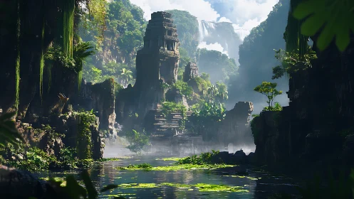 Digital render shows overgrown stepped ruins in river gorge