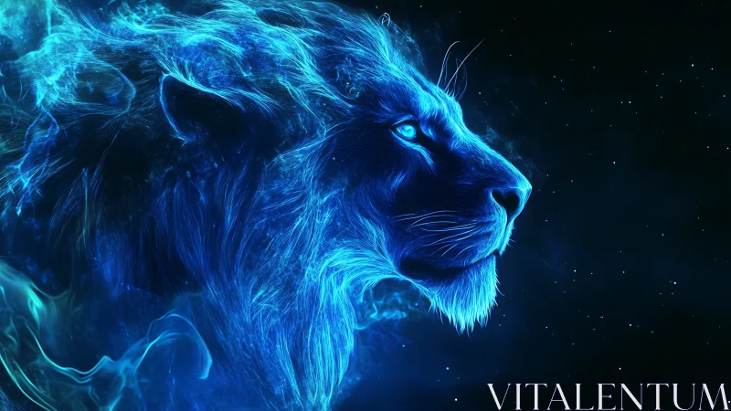 Neon cosmic lion profile rendered in electric blue light.