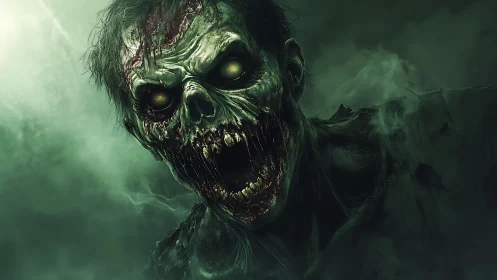 Rotting zombie portrait with gaping jaws in green fog.