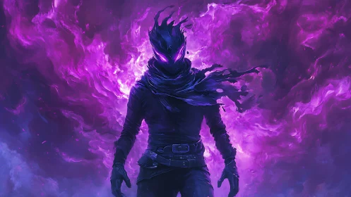 Dark humanoid figure stands before swirling violet energy