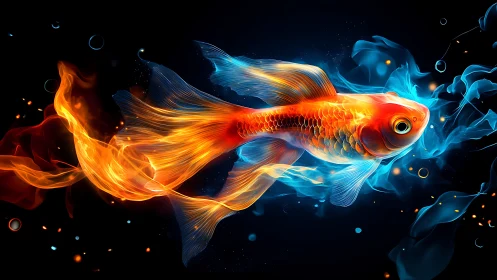 Fiery goldfish drifting through ribbons of living light.