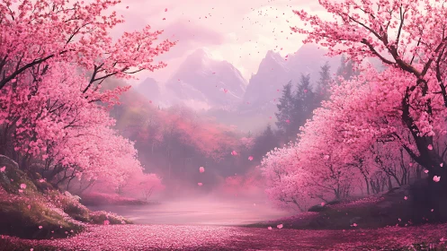 Gentle spring valley wrapped in drifting cherry blossoms.