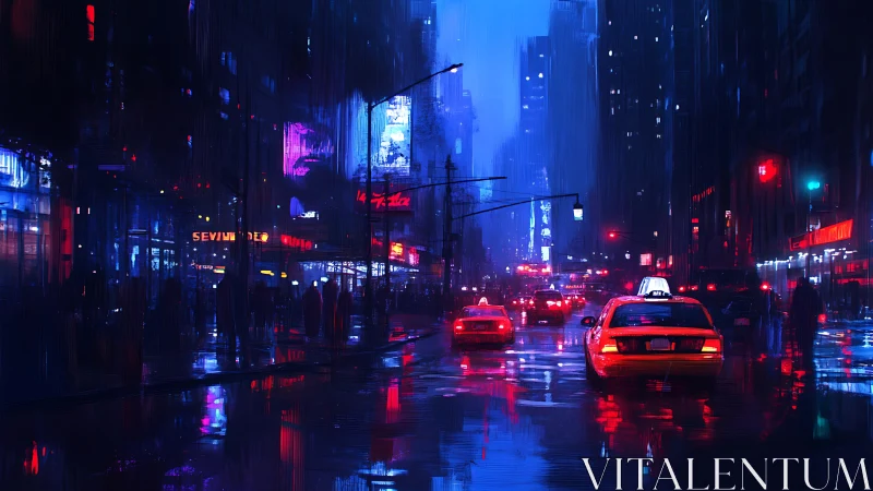 Rain-soaked city street with taxis under neon night lighting.