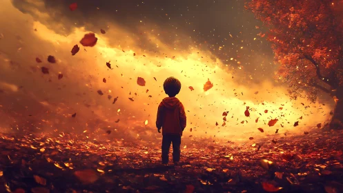 Child adrift in wildfire autumn, gazing into amber storm.