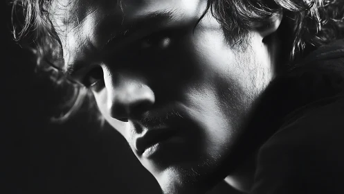 Moody male portrait in dramatic monochrome side lighting.
