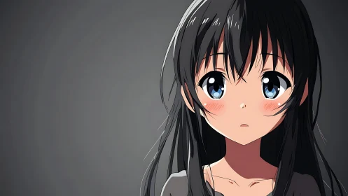 Shy anime girl portrait with glossy eyes on dark background