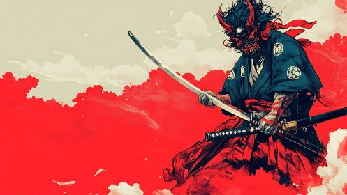 Digital painting of demon samurai amid abstract red cloudfield.