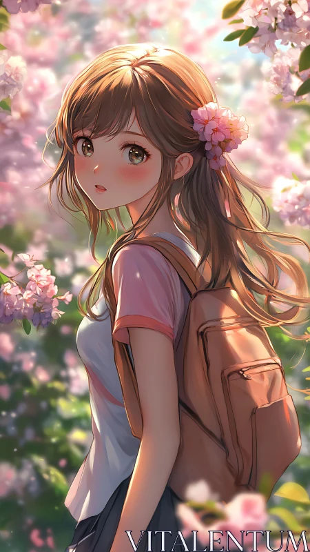 Spring twilight stroll with shy schoolgirl among blossoms.