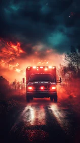 Emergency vehicle navigating through fire-affected landscape at dusk.
