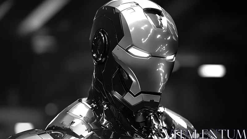Chrome armored humanoid helmet rendered in high contrast