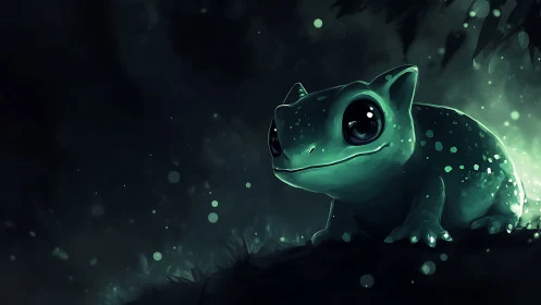 Bioluminescent amphibian rendered in dark forest scene.