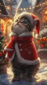 Festive kitten in Santa coat under glowing winter lights.