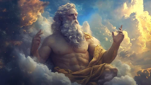 Muscular bearded deity sits in glowing clouds at sunset