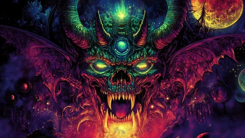 Demonic horned skull rendered in high-contrast neon colors