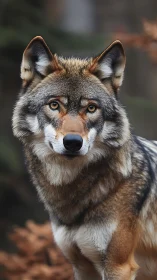 Wild grey wolf portrait in soft forest background.
