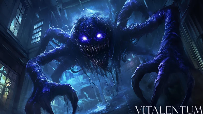 Shadow-like multi-limbed entity in rain-soaked corridor.