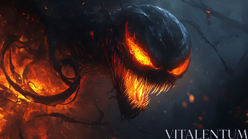 Demonic fiery symbiote head with molten jaw emerging.