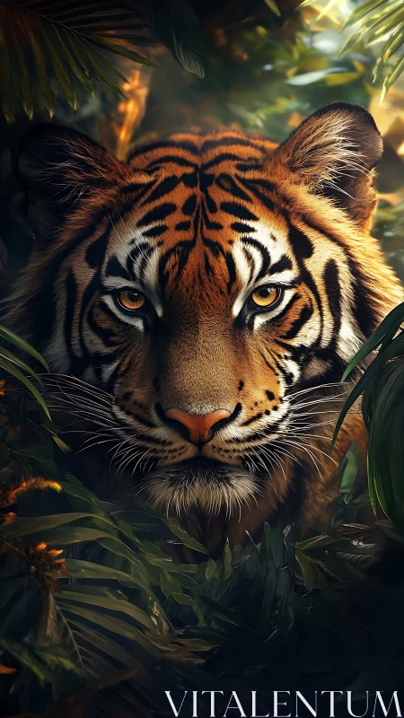 Golden-eyed jungle tiger poised in emerald shadow hush.
