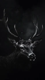 Photorealistic low‑key portrait of stag with wet antlers.