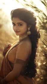 Sunlit woman in golden saree with graceful, gentle smile.