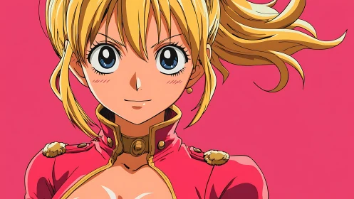 Anime heroine portrait with bold flat-color background design.