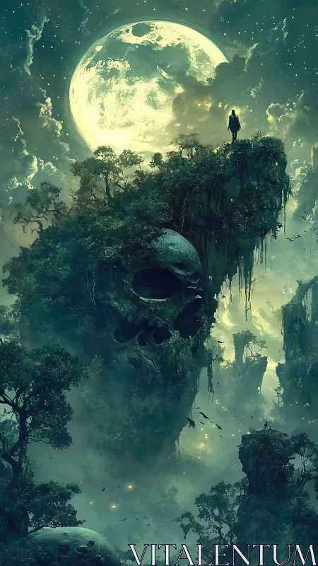 Moonlit wanderer atop the misty skull island forest.
