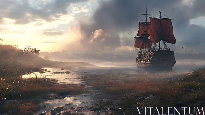 Sailing ship with red sails moves through misty coastal marsh