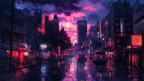 Neon city street glows softly under a dreamy pink sunset.